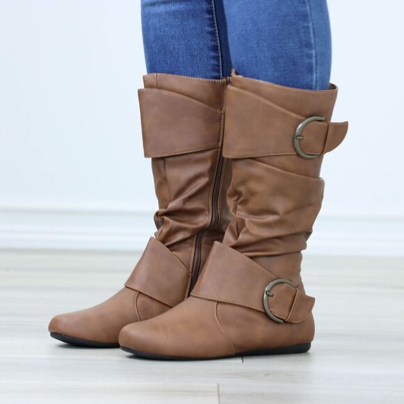 Flat Mid Calf Boots Synthetic Leather Buckles Round Toe Womens Casual Tan - Picture 11 of 16